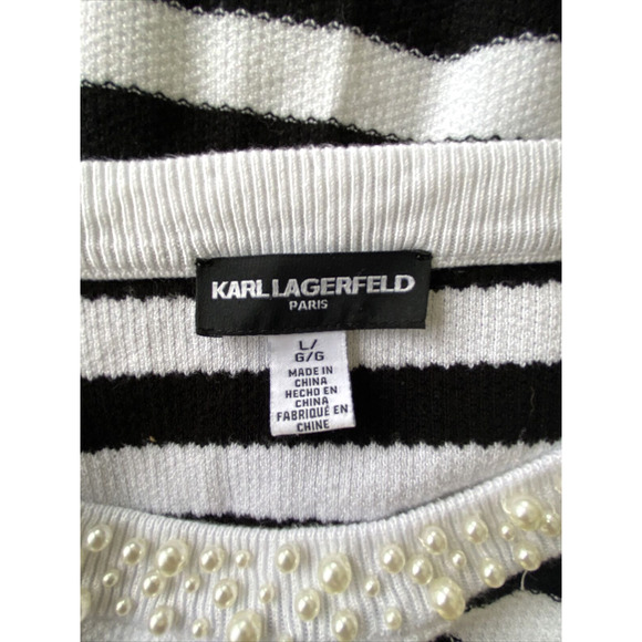 KARL LAGERFELD Parise Black & White Knit Sweater Top Pearl Neckline Size L - Picture 4 of 4